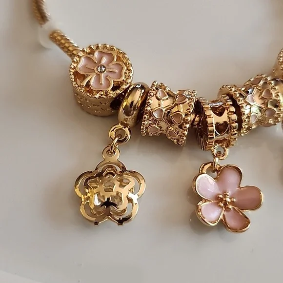 Flower Theme Gold PINK ENAMEL 7 Charm Beautiful Cutout Flowers - Picture 2 of 5